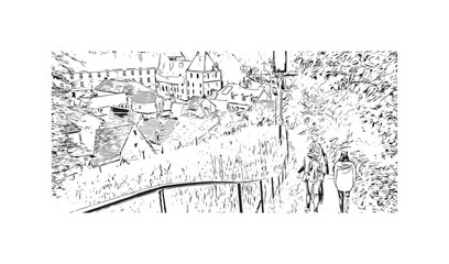 Obraz premium Building view with landmark of Sarlat la Caneda is the commune in France. Hand drawn sketch illustration in vector.