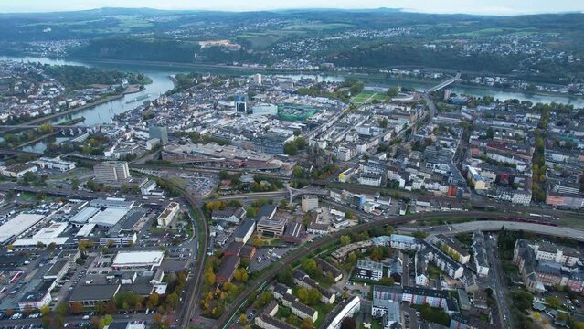 Aerial view around the old town of Koblenz in Germany on a cloudy autumn day