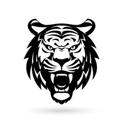A monochrome roaring tiger head pictogram on a white background, representing a logo sign emblem