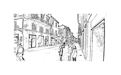 Building view with landmark of Sarlat la Caneda is the commune in France. Hand drawn sketch illustration in vector.