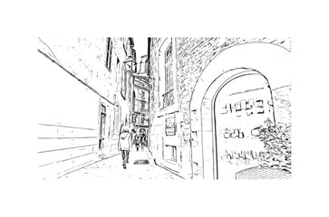 Obraz premium Building view with landmark of Sarlat la Caneda is the commune in France. Hand drawn sketch illustration in vector.