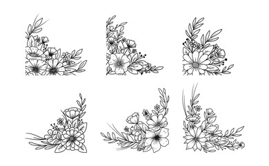 Set of Hand drawn floral arrangements outline flowers and leaves bouquet