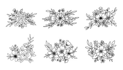 Set of Hand drawn floral arrangements outline flowers and leaves bouquet