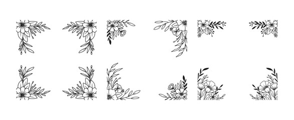 Set of Hand drawn flowers and leaves square border outline floral arrangement