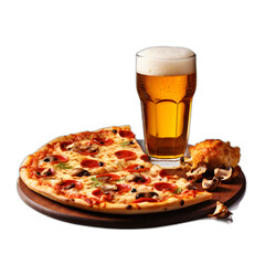 Beer and pizza isolated on transparent or white background, png