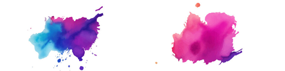 Bright colorful watercolor splash splatter stain brush strokes on white background. Modern vibrant aquarelle spot. Rainbow trendy isolated design on white. Element. Vector watercolor illustration.