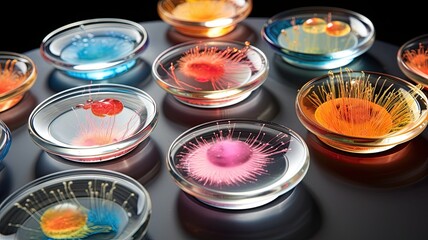 Petri dishes with bacterial cultures and agar, representing microbiological experiments