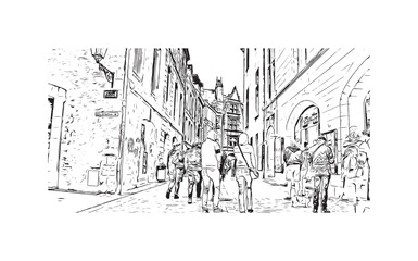 Fototapeta premium Building view with landmark of Sarlat la Caneda is the commune in France. Hand drawn sketch illustration in vector.