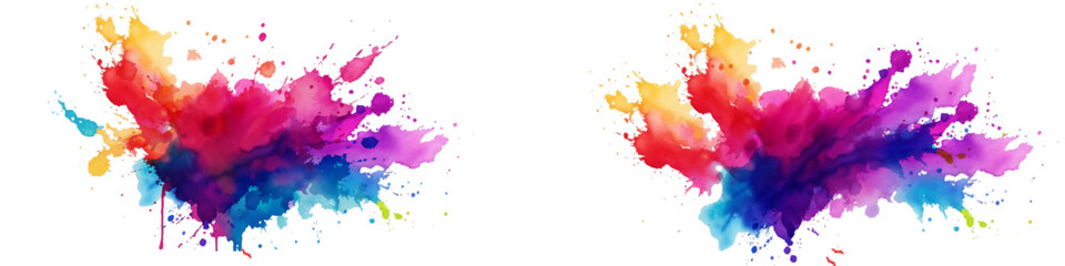 Bright colorful watercolor splash splatter stain brush strokes on white background. Modern vibrant aquarelle spot. Rainbow trendy isolated design on white. Element. Vector watercolor illustration.