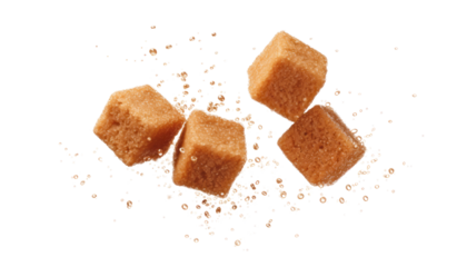 flying brown sugar cubes isolated on transparent background cutout