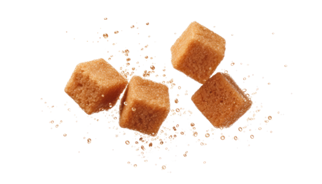 flying brown sugar cubes isolated on transparent background cutout