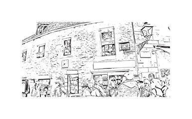 Building view with landmark of Sarlat la Caneda is the commune in France. Hand drawn sketch illustration in vector.