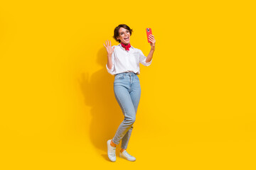 Fototapeta na wymiar Full length photo of nice positive girl wear stylish clothes saying hi chatting friends online meeting isolated on yellow color background