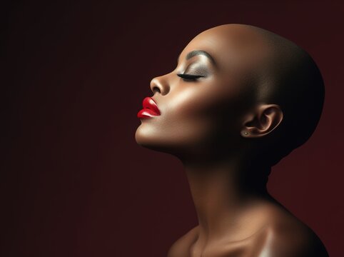 beautiful bald woman with red lips