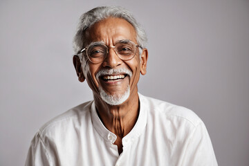 Happy elderly Indian man in white outfit, classic glasses, laughing in photo studio closeup