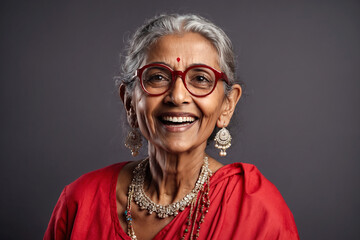 Portrait of a smiling senior Indian woman wearing red dress and eyeglasses - obrazy, fototapety, plakaty
