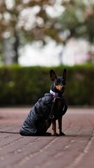 Niewielki czarny pies z dużymi uszami ubrany w czarną kurtkę puchową siedzący na chodniku przy sklepie - obrazy, fototapety, plakaty