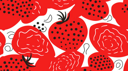 Strawberry image drawn abstractly and with a minimalist style. Random arrangement with repeating pattern tiles.
