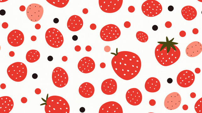Strawberry image drawn abstractly and with a minimalist style. Random arrangement with repeating pattern tiles.
