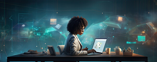 Woman with afro hair sltyle sitting and working with laptop in her office.