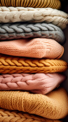Fototapeta na wymiar Warm winter sweaters, knitted and woolen, are neatly hung on hangers inside the closet