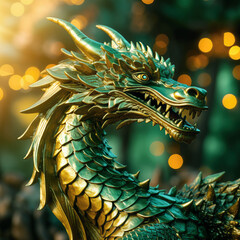 Green wooden dragon - the sign of New Year 2024 on Christmas background.