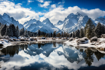 Fototapeta na wymiar Alpine peaks mirrored on hot springs shrouded in a snowy canvas 