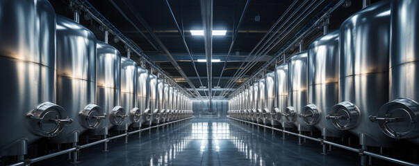 Fermentation beer tanks in row. Shiny metal modern brewery tanks in beer company. - obrazy, fototapety, plakaty