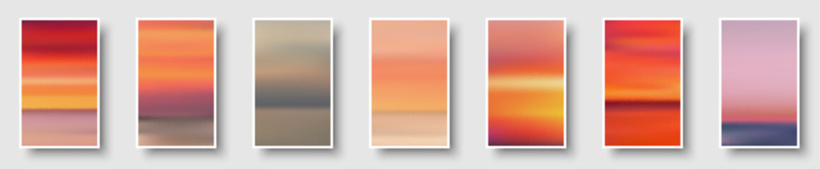 Set of colorful paper sunset and sunrise sea cards. Abstract blurred textured gradient mesh color backgrounds.