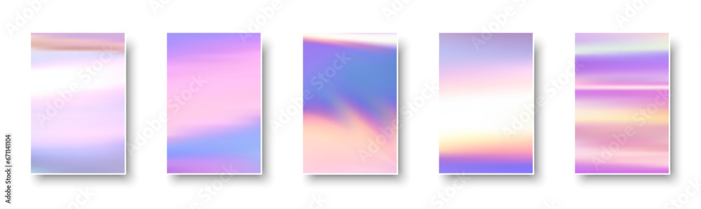 Wall mural set of colorful hologram paper card. abstract holographic wavy gradient mesh color backgrounds.