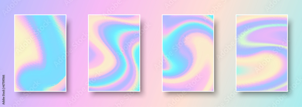 Wall mural set of colorful hologram paper card. abstract holographic wavy gradient mesh color backgrounds.
