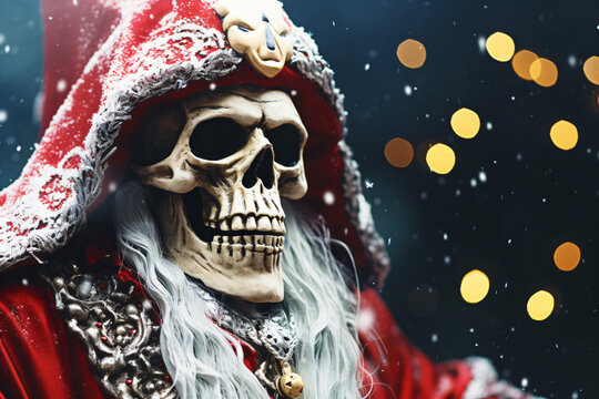 skeleton in santa claus costume, christmas, stocking cap