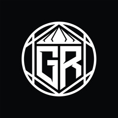 GR Letter Logo monogram hexagon slice crown sharp shield shape isolated circle abstract style design