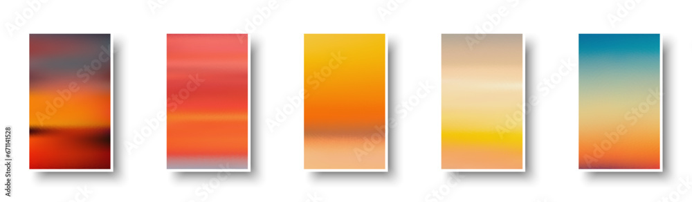 Sticker Set of colorful paper sunset and sunrise sea cards. Abstract blurred textured gradient mesh color backgrounds.