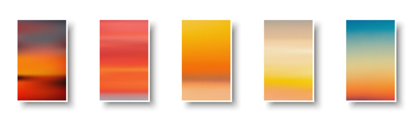 Set of colorful paper sunset and sunrise sea cards. Abstract blurred textured gradient mesh color backgrounds.