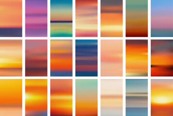 Set of colorful sunset and sunrise sea banners. Abstract blurred textured gradient mesh color backgrounds. - obrazy, fototapety, plakaty
