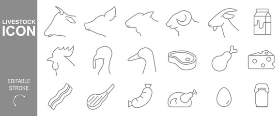 Naklejka premium livestock farm icon set. animal farm editable outline stroke.