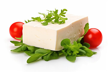 A piece of Maasdam cheese with tomato and green leaves of salad isolated on white background