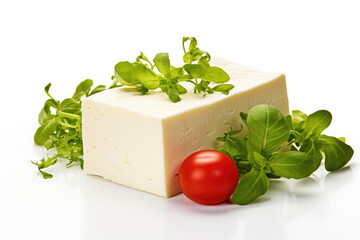 A piece of Maasdam cheese with tomato and green leaves of salad isolated on white background