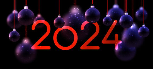 2024 New Year poster with red lettering on black background with purple Christmas balls and small light particles.