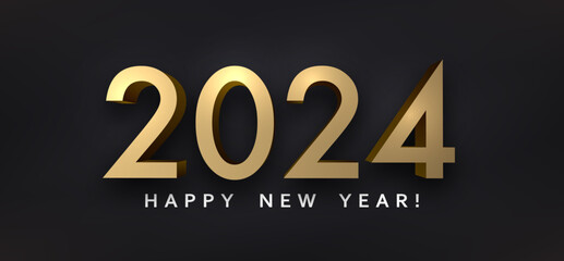 New Year 2024 3d golden shiny numbers for calendar on black background. - obrazy, fototapety, plakaty