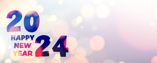 New Year 2024 color gradient horizontal banner with beautiful sun rays and blurred yellow round lights.