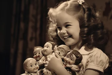 Fotobehang Cute girl smiling, holding retro dolls, vintage photo © Polli Deeva