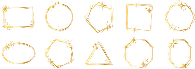 Set of geometric gold frame with a golden sparkles. Gold glitter abstract golden frames.Luxury golden borders. Frame with glitter and stars for logo, icon, vip card, gift.