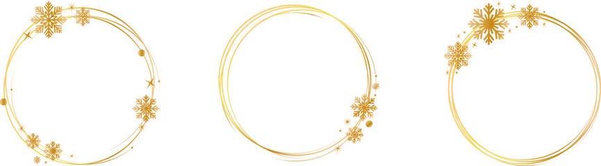 Set of circle golden frames with a golden snowflakes. Golden glitter abstract round frames.Luxury gold borders. Frame with snowflakes and stars for logo, icon, vip card, gift. - obrazy, fototapety, plakaty