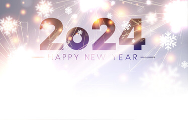 New Year 2024 poster with numbers on bright purple background with blurred round sparkles, snowflakes and sun lights.
