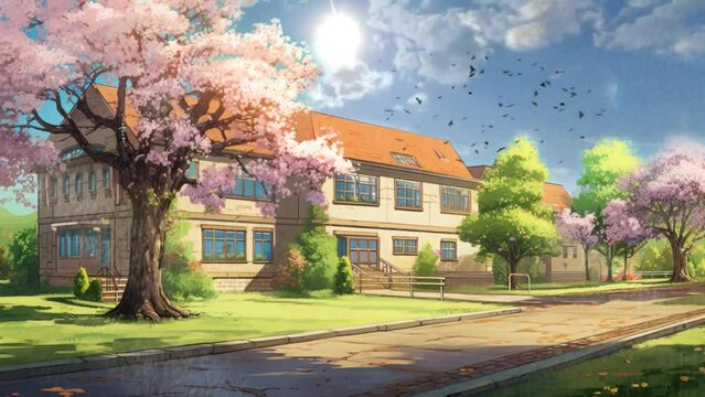 close up of Building School at spring with cartoon or anime style. seamless looping time-lapse virtual video animation background.	