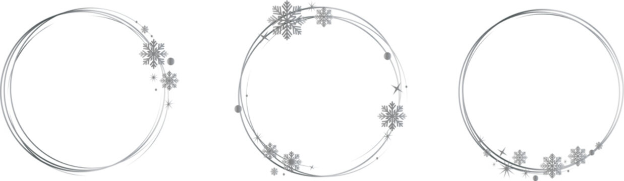 Set of circle silver frames with a silver snowflakes. Silver glitter abstract round frames.Luxury silver borders. Frame with snowflakes and stars for logo, icon, vip card, gift.
