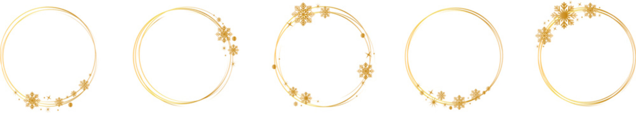 Set of circle golden frames with a golden snowflakes. Golden glitter abstract round frames.Luxury gold borders. Frame with snowflakes and stars for logo, icon, vip card, gift.