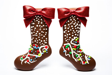 Unique chocolate Christmas stockings adorned with holiday sprinkles isolated on a white background 